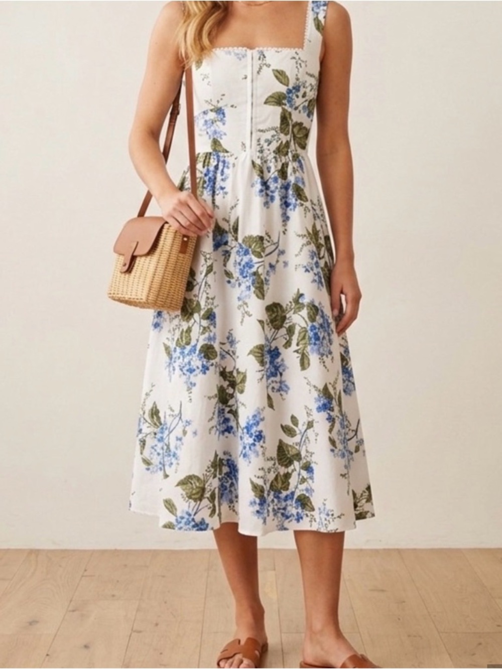 Reformation Floral Square-Neck Midi Dress in White and Blue - Picture 5 of 5